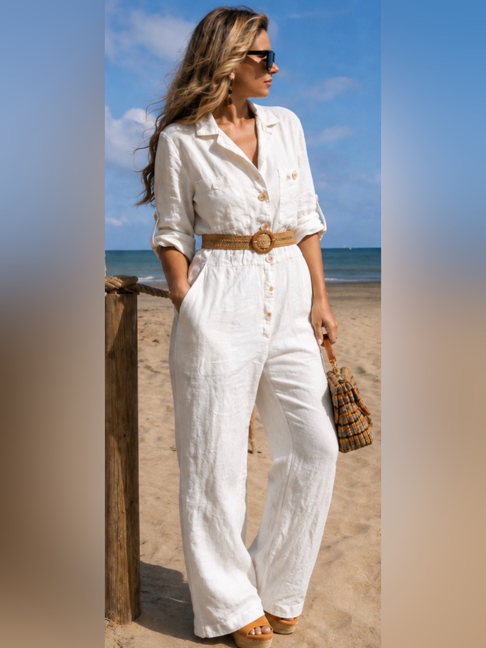 Zara White Linen Button-Front Jumpsuit with Woven Belt